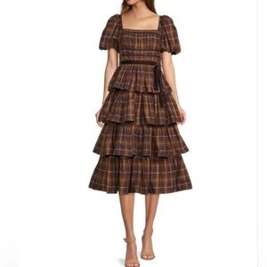 ANTONIO MELANI Brown and Black Tiered Puff Sleeve Dress